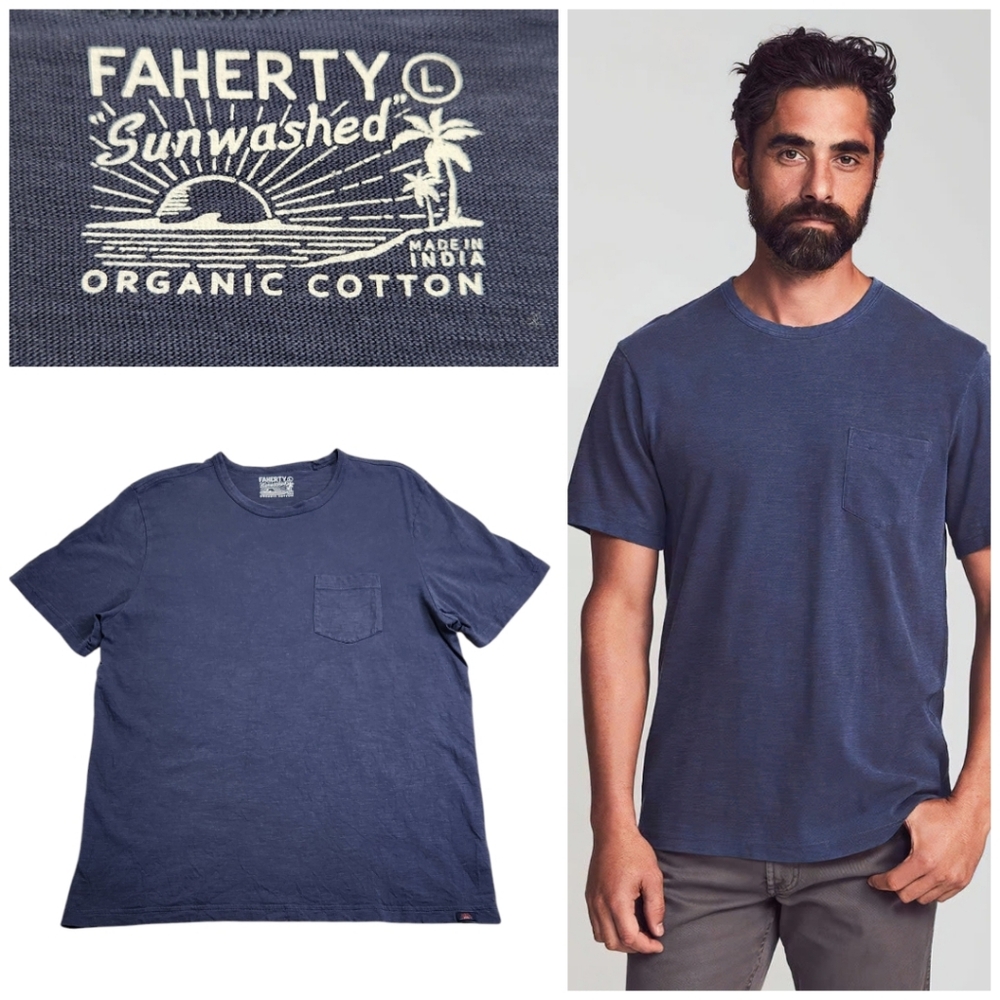 Faherty Sunwashed Organic Cotton T-Shirt - Blue Sz Large
